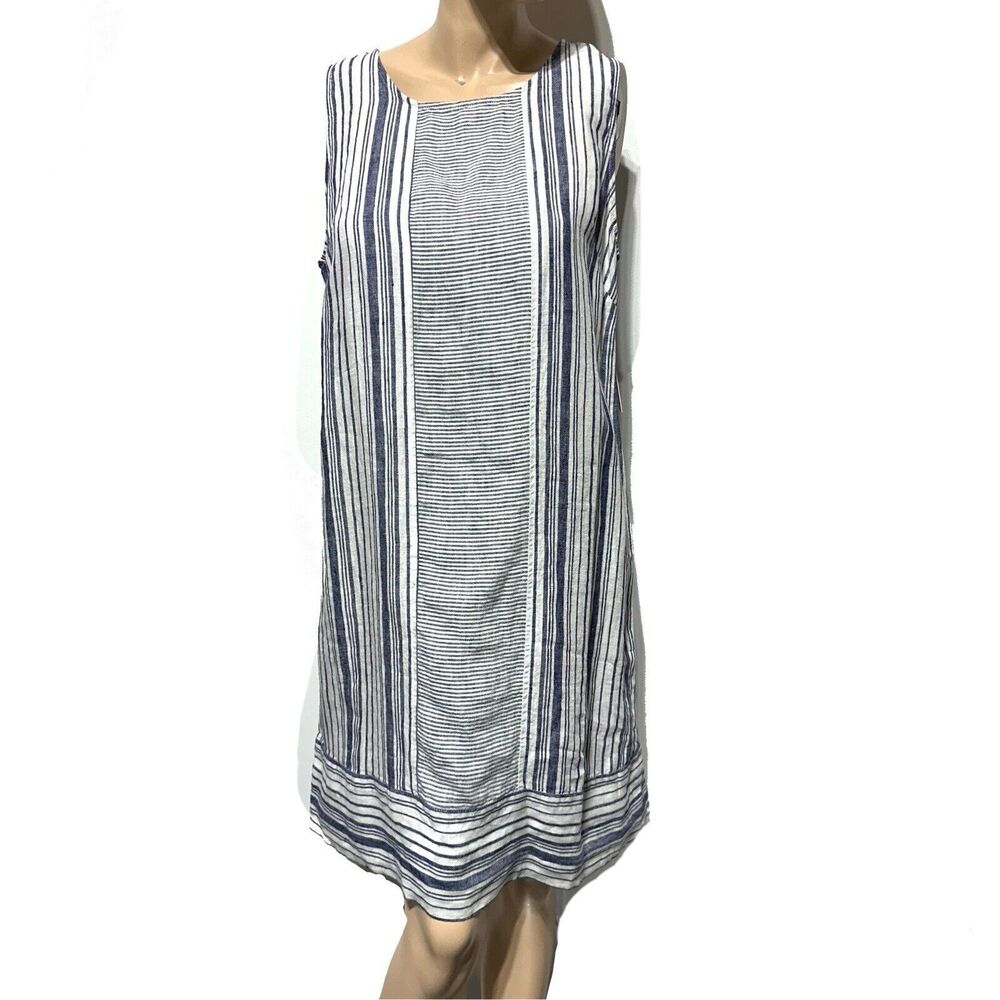 Preston & York 100% Linen Shift Dress Blue White Striped Sleeveless Size 10 NWT